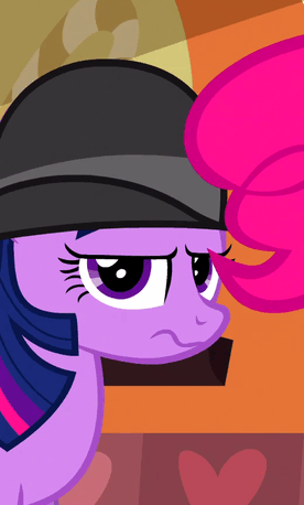 Size: 276x458 | Tagged: safe, screencap, character:pinkie pie, character:twilight sparkle, species:earth pony, species:pony, species:unicorn, episode:mmmystery on the friendship express, g4, my little pony: friendship is magic, animated, animation error, aside glance, clothing, female, grumpy, grumpy twilight, hat, looking at you, looking sideways, mare, reaction image
