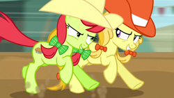 Size: 1280x720 | Tagged: safe, screencap, character:jonagold, character:peachy sweet, species:earth pony, species:pony, episode:appleoosa's most wanted, g4, my little pony: friendship is magic, apple family member, background pony, bow, clothing, cowboy hat, duo, female, galloping, hair bow, hat, mare, motion blur, running