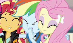Size: 532x312 | Tagged: safe, screencap, character:fluttershy, character:rainbow dash, character:sunset shimmer, equestria girls:friendship games, g4, my little pony:equestria girls, cropped, eyes closed, laughingmares.jpg