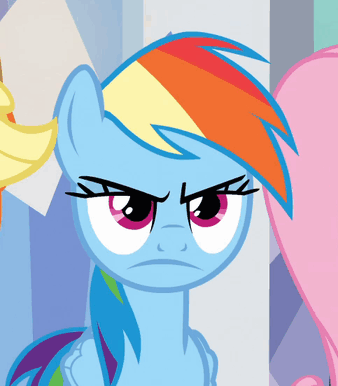 Size: 338x386 | Tagged: safe, screencap, character:applejack, character:fluttershy, character:rainbow dash, episode:games ponies play, g4, my little pony: friendship is magic, animated, grumpy, rainbow dash is not amused, unamused