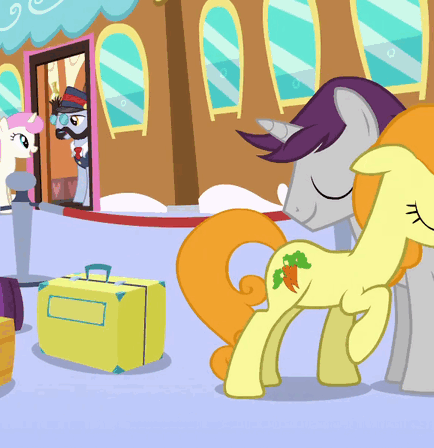Size: 434x448 | Tagged: safe, screencap, character:carrot top, character:golden harvest, character:written script, ship:goldenscript, episode:games ponies play, g4, my little pony: friendship is magic, animated, hug
