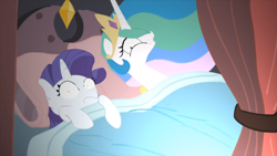 Size: 1920x1080 | Tagged: safe, screencap, character:princess celestia, character:rarity, princess molestia, ship:rarilestia, bed, bedroom eyes, female, lesbian, scared, shipping