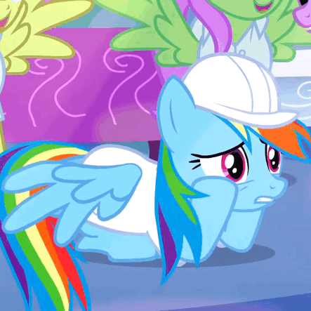 Size: 443x443 | Tagged: safe, screencap, character:merry may, character:parasol, character:rainbow dash, character:twilight sparkle, species:pegasus, species:pony, episode:sonic rainboom, g4, my little pony: friendship is magic, animated, clothing, cloudsdale, cropped, hat