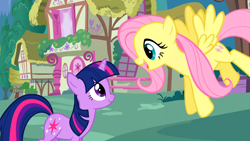 Size: 1366x768 | Tagged: safe, screencap, character:fluttershy, character:twilight sparkle, episode:stare master, g4, my little pony: friendship is magic, duo, eye contact, ponyville