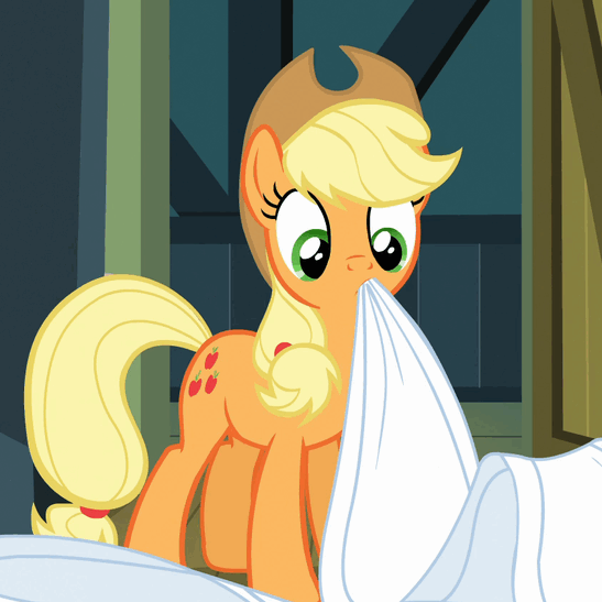 Size: 547x547 | Tagged: safe, screencap, character:applejack, episode:one bad apple, g4, my little pony: friendship is magic, animated, bed, bedsheets, mouth hold