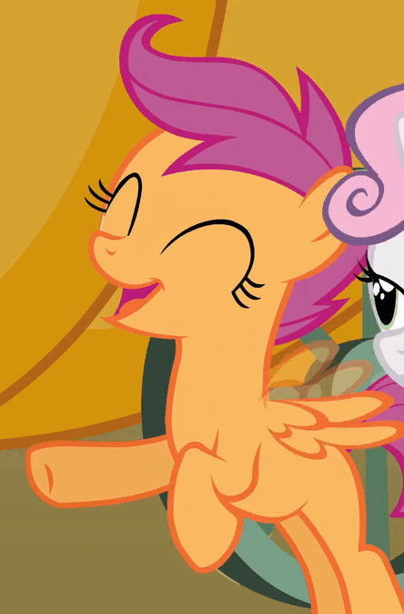 Size: 444x674 | Tagged: safe, screencap, character:scootaloo, character:sweetie belle, species:pegasus, species:pony, episode:one bad apple, g4, my little pony: friendship is magic, animated, animation error, cute, cutealoo, excited, eyes closed, gif, hoofy-kicks