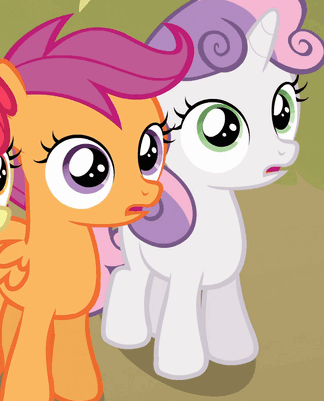 Size: 324x401 | Tagged: safe, screencap, character:apple bloom, character:scootaloo, character:sweetie belle, species:pegasus, species:pony, episode:one bad apple, g4, my little pony: friendship is magic, animated, gif, scootaloo is not amused
