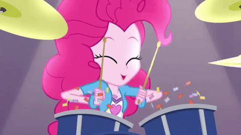 Size: 480x270 | Tagged: safe, screencap, character:pinkie pie, equestria girls:rainbow rocks, g4, my little pony:equestria girls, animated, bracelet, confetti, cute, diapinkes, drum kit, drums, drumsticks, jewelry, musical instrument, solo