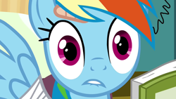 Size: 1280x720 | Tagged: safe, screencap, character:rainbow dash, episode:read it and weep, g4, my little pony: friendship is magic, lip bite, reaction image, solo