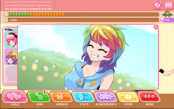 Size: 1198x751 | Tagged: safe, screencap, species:human, crush crush, expy, game, human that look like rainbow dash, humanized, iro, pony cameo, pony reference, smiling