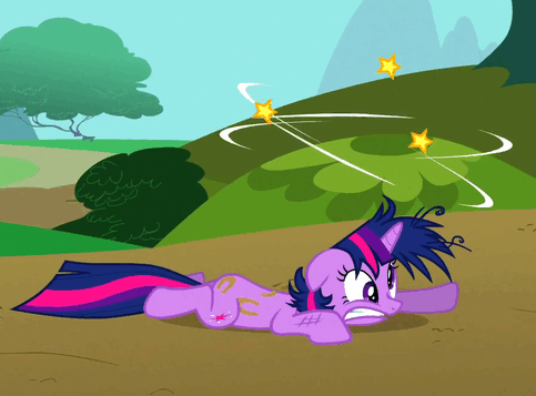 Size: 483x357 | Tagged: safe, screencap, character:twilight sparkle, character:twilight sparkle (unicorn), species:pony, species:unicorn, episode:the return of harmony, g4, my little pony: friendship is magic, agony, animated, circling stars, female, hoofprint, mare, messy mane, solo