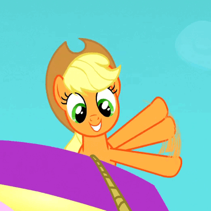 Size: 416x416 | Tagged: safe, screencap, character:applejack, species:pony, episode:the return of harmony, g4, my little pony: friendship is magic, animated, blinking, blue sky, clothing, cute, hat, jackabetes, rope, sky, smiling, sweet dreams fuel, waving