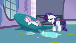 Size: 1280x720 | Tagged: safe, screencap, character:rarity, character:sweetie belle, episode:sisterhooves social, g4, my little pony: friendship is magic, rarity is not amused, sweetiedumb, unamused