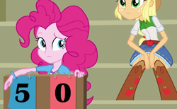 Size: 980x604 | Tagged: safe, screencap, character:applejack, character:pinkie pie, my little pony:equestria girls, clothing, skirt, strategically covered, upskirt denied