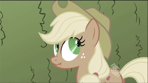 Size: 500x281 | Tagged: safe, screencap, character:applejack, episode:the return of harmony, g4, my little pony: friendship is magic, animated, eyes rolling back, liar face, liarjack, scrunchy face, shifty eyes, solo