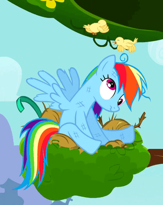 Size: 332x417 | Tagged: safe, screencap, character:fluttershy, character:rainbow dash, species:bird, species:pegasus, species:pony, episode:daring don't, g4, my little pony: friendship is magic, animated, bird nest, circling stars, derp, dizzy, dizzy birds, knocked silly, loop, messy mane, nest, sitting
