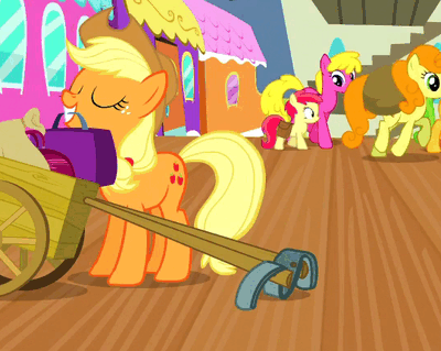 Size: 400x319 | Tagged: safe, screencap, character:applejack, character:carrot top, character:cherry berry, character:fluttershy, character:golden harvest, character:liberty belle, episode:trade ya, g4, my little pony: friendship is magic, animated, background pony, cart, harness, horses doing horse things, mouth hold, train