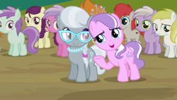 Size: 1280x720 | Tagged: safe, screencap, character:boysenberry, character:diamond tiara, character:liza doolots, character:petunia, character:pinkie feather, character:silver spoon, character:sweet pop, character:tootsie flute, character:train tracks, episode:twilight time, g4, my little pony: friendship is magic, background pony, gallop j. fry, glasses, lemon daze, pinkie feather, sweet pop
