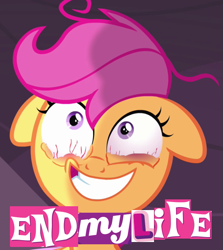 Size: 585x657 | Tagged: safe, screencap, character:scootaloo, species:pegasus, species:pony, episode:sleepless in ponyville, g4, my little pony: friendship is magic, bloodshot eyes, end my life, expand dong, exploitable meme, faec, image macro, meme, reaction image, solo