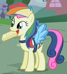 Size: 250x275 | Tagged: safe, screencap, character:bon bon, character:sweetie drops, episode:the mysterious mare do well, g4, my little pony: friendship is magic, adorabon, bon bon is amused, cropped, cute, fake wings, mouth hold, notepad, open mouth, rainbow wig, smiling, solo, wig
