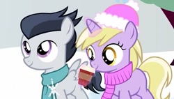 Size: 561x319 | Tagged: safe, artist:sillyfillystudios, screencap, character:dinky hooves, character:rumble, species:pegasus, species:pony, species:unicorn, clothing, colt, cup, female, hat, hot chocolate, male, rumbledink, scarf, snow, snowfall, snowflake, tuque