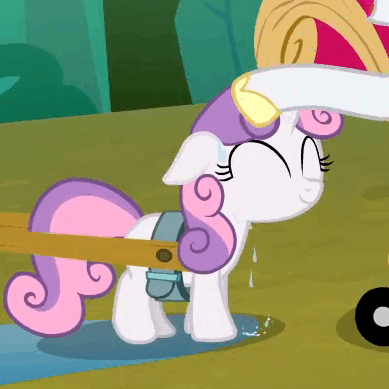 Size: 389x389 | Tagged: safe, screencap, character:rarity, character:sweetie belle, species:pony, species:unicorn, episode:sleepless in ponyville, g4, my little pony: friendship is magic, animated, cart, cropped, cute, diasweetes, eyes closed, female, filly, floppy ears, hooves, mare, offscreen character, petting, smiling, solo focus, sweat, sweatie belle