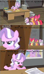 Size: 351x587 | Tagged: safe, screencap, character:apple bloom, character:diamond tiara, character:scootaloo, character:sweetie belle, species:pegasus, species:pony, episode:ponyville confidential, g4, my little pony: friendship is magic, cutie mark crusaders, gabby gums, j. jonah jameson, spider-man, the simpsons
