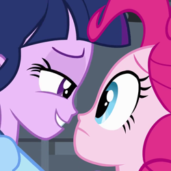 Size: 720x720 | Tagged: safe, screencap, character:pinkie pie, character:twilight sparkle, my little pony:equestria girls, cropped, implied lesbian, implied twinkie, lidded eyes, out of context, smiling