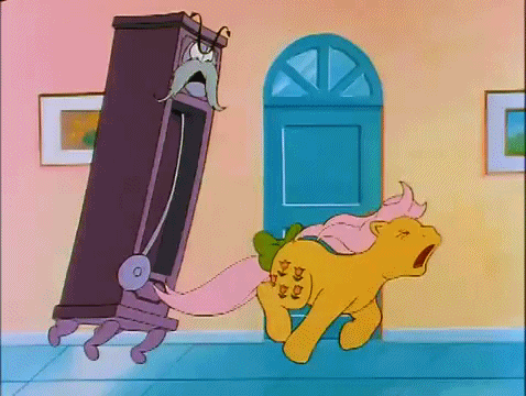 Size: 478x360 | Tagged: safe, screencap, character:posey, episode:the revolt of paradise estate, g1, my little pony 'n friends, animated, butt touch, chase, eyes closed, gif, grandfather clock, open mouth, running, spanking, wat, you know for kids