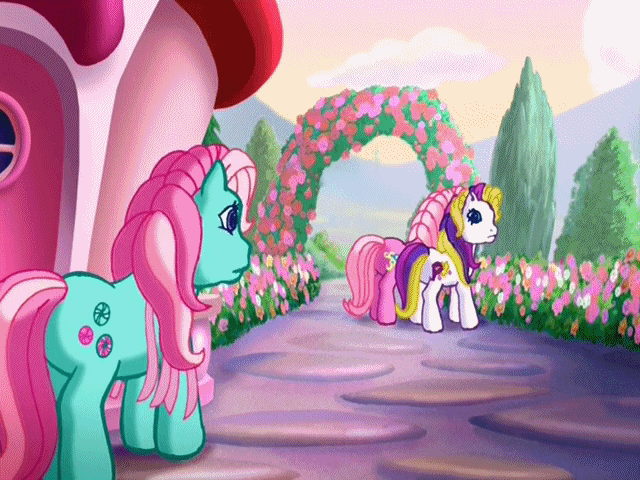 Size: 640x480 | Tagged: safe, screencap, character:minty, character:pinkie pie, character:pinkie pie (g3), character:puzzlemint, character:sparkleworks, episode:positively pink, g3, a very pony place, accidental kiss, animated, shipping fuel, sparkles