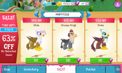 Size: 800x480 | Tagged: safe, gameloft, screencap, character:gilda, character:grampa gruff, character:greta, species:griffon, crack is cheaper, greedloft, vip, why gameloft why