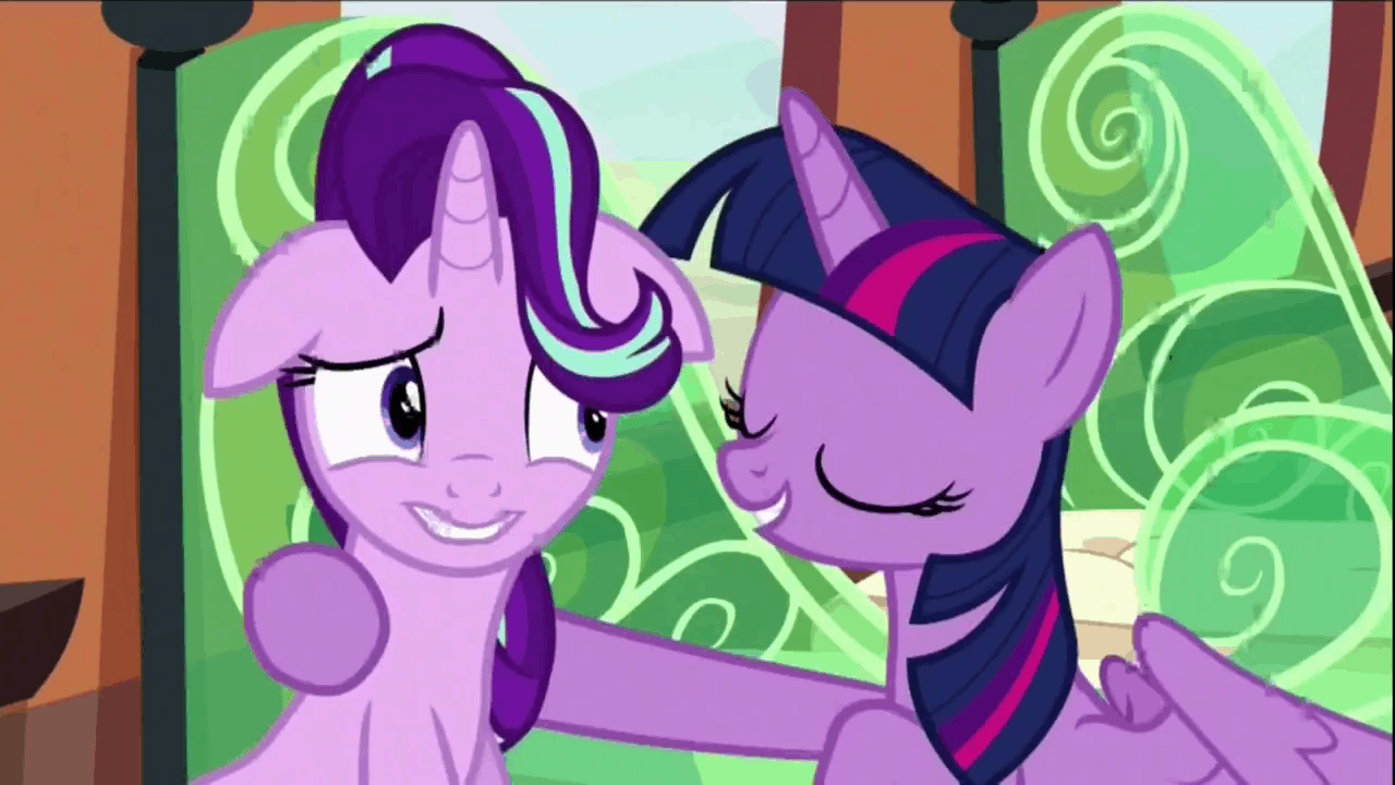 Size: 1280x720 | Tagged: safe, screencap, character:rainbow dash, character:starlight glimmer, character:twilight sparkle, character:twilight sparkle (alicorn), species:alicorn, species:pony, episode:the crystalling, g4, my little pony: friendship is magic, animated, castle, female, floppy ears, frown, gritted teeth, happy, hug, mare, open mouth, smiling, talking, volumetric mouth, wide eyes