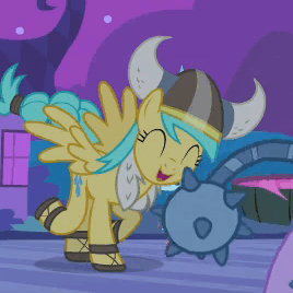 Size: 268x268 | Tagged: safe, screencap, character:sea swirl, character:sunshower raindrops, species:pegasus, species:pony, episode:luna eclipsed, g4, my little pony: friendship is magic, anatomically incorrect, animated, background pony, clothing, costume, dancing, great moments in animation, helmet, horned helmet, incorrect leg anatomy, morning star, nightmare night, nightmare night costume, solo focus, viking helmet, what is anatomy
