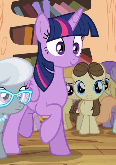 Size: 377x536 | Tagged: safe, screencap, character:alula, character:dinky hooves, character:noi, character:peach fuzz, character:piña colada, character:pluto, character:silver spoon, character:twilight sparkle, character:twilight sparkle (alicorn), species:pony, episode:twilight time, g4, my little pony: friendship is magic, animated, blinking, female, heidi hay, mare, pluto