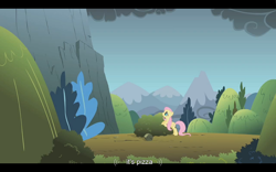 Size: 1024x640 | Tagged: safe, screencap, character:fluttershy, episode:dragonshy, g4, my little pony: friendship is magic, food, pizza, youtube caption