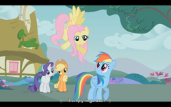 Size: 1024x640 | Tagged: safe, screencap, character:applejack, character:fluttershy, character:rainbow dash, character:rarity, episode:dragonshy, g4, my little pony: friendship is magic, the beatles, youtube caption
