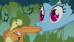 Size: 640x360 | Tagged: safe, screencap, character:applejack, character:rainbow dash, episode:bridle gossip, g4, my little pony: friendship is magic, appletini, duo, micro, sucking, vore, wat