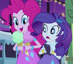 Size: 820x720 | Tagged: safe, screencap, character:pinkie pie, character:rarity, episode:a perfect day for fun, g4, my little pony:equestria girls, balloon, bracelet, cropped, food, ice cream, jewelry, rarity looking at food