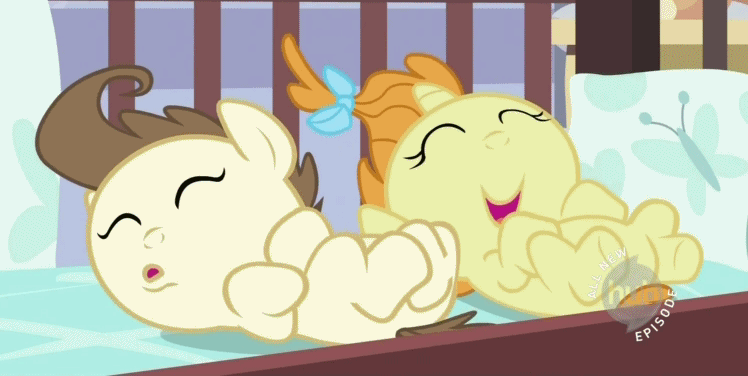 Size: 748x376 | Tagged: safe, screencap, character:pound cake, character:pumpkin cake, episode:baby cakes, g4, my little pony: friendship is magic, animated, cropped, duo, fake sleeping, fake snoring, hub logo, loop, sleeping, snoring