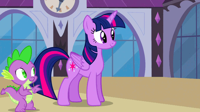 Size: 640x360 | Tagged: safe, screencap, character:pinkie pie, character:spike, character:twilight sparkle, character:twilight sparkle (alicorn), species:alicorn, species:pony, episode:princess twilight sparkle, g4, my little pony: friendship is magic, animated, cute, diapinkes, female, frown, glomp, grin, gritted teeth, hug, legs in air, mare, on back, smiling, squee, wide eyes