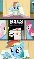 Size: 581x1000 | Tagged: safe, screencap, character:fluttershy, character:pinkie pie, character:rainbow dash, species:earth pony, species:pegasus, species:pony, episode:read it and weep, g4, my little pony: friendship is magic, bandage, bed, book, equus, female, hospital, hub logo, mare, reading rainbow