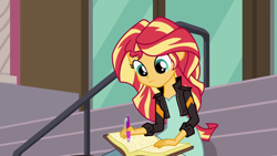 Size: 1280x720 | Tagged: safe, screencap, character:sunset shimmer, equestria girls:friendship games, g4, my little pony:equestria girls, book, solo, writing