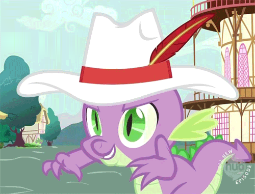 Size: 500x381 | Tagged: safe, screencap, character:spike, species:dragon, episode:secret of my excess, g4, my little pony: friendship is magic, animated, blinking, claws, clothing, forked tongue, glare, greed spike, hat, hub logo, male, nictitating membrane, open mouth, pimp hat, smiling, smirk, solo, tongue out
