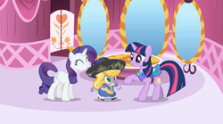 Size: 1280x710 | Tagged: safe, screencap, character:rarity, character:spike, character:twilight sparkle, episode:the ticket master, g4, my little pony: friendship is magic, clothing, dress, hat, saddle, tack