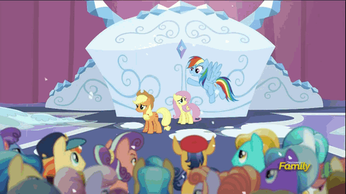 Size: 500x281 | Tagged: safe, screencap, character:applejack, character:bright smile, character:crystal arrow, character:fluttershy, character:ivory, character:ivory rook, character:rainbow dash, species:crystal pony, species:pony, episode:the crystalling, g4, my little pony: friendship is magic, animated, blizzard, cloud, destruction, discovery family, discovery family logo, magic, magic blast, rubinstein, snow, snowfall