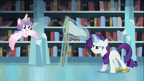 Size: 500x281 | Tagged: safe, screencap, character:princess flurry heart, character:rarity, episode:the crystalling, g4, my little pony: friendship is magic, animated, butterfly net, discovery family, discovery family logo, fail, magic, teleportation