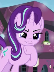 Size: 521x685 | Tagged: safe, screencap, character:starlight glimmer, species:pony, species:unicorn, episode:the crystalling, g4, my little pony: friendship is magic, female, lidded eyes, mare, raised eyebrow, raised hoof, scheming, solo
