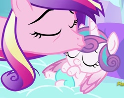 Size: 1339x1061 | Tagged: safe, screencap, character:princess cadance, character:princess flurry heart, episode:the crystalling, g4, my little pony: friendship is magic, bags under eyes, diaper, discovery family logo, eyes closed, forehead kiss, kissing, mama cadence, mother and daughter, platonic kiss, sleeping