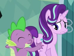 Size: 925x703 | Tagged: safe, screencap, character:spike, character:starlight glimmer, species:pony, episode:the crystalling, g4, my little pony: friendship is magic, butt touch, eyes closed, female, hand on butt, mare, out of context, plot, pushing, rump push, tongue out