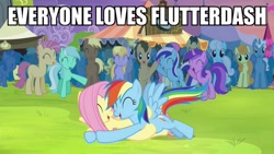 Size: 711x400 | Tagged: safe, screencap, character:fluttershy, character:rainbow dash, ship:flutterdash, episode:trade ya, g4, my little pony: friendship is magic, cheering, crowd, female, glomp, hug, image macro, lesbian, lying down, lying on top of someone, meme, on back, shipping